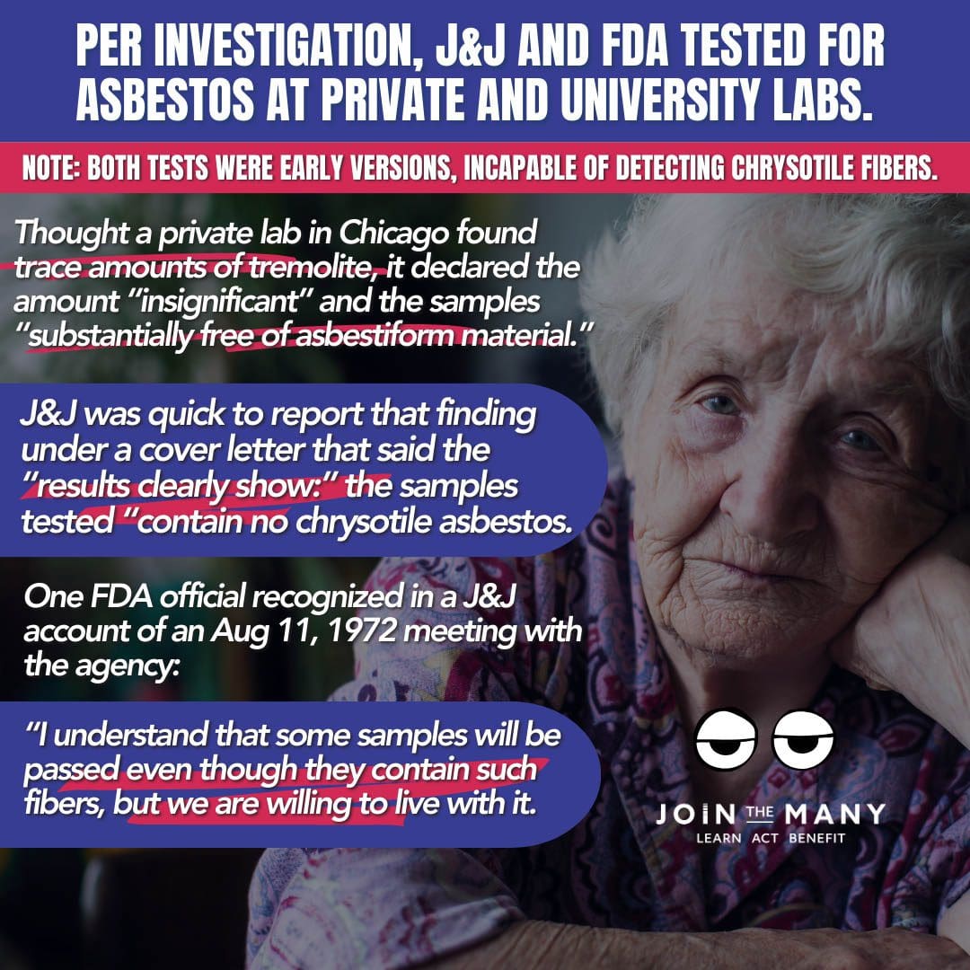 PER INVESTIGATION, J&J AND FDA TESTED FOR ASBESTOS AT PRIVATE AND UNIVERSITY LABS
