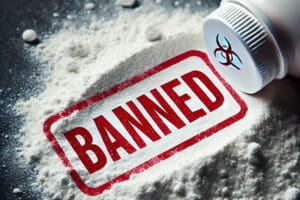 A close-up of a talcum powder bottle with a big red 'BANNED' stamp across it. White powder is spilling out onto a dark surface, creating a contrast.
